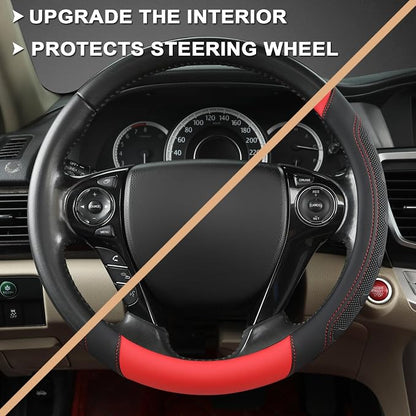 GIANT PANDA Microfiber Leather Steering Wheel Cover for Honda Accord,Civic,CR-V,HR-V,Pilot(Black+Red-Standard Size)