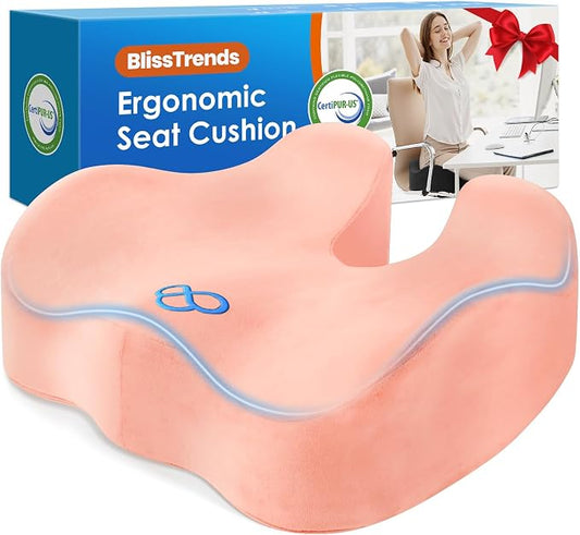 BlissTrends Seat Cushion,Thick Memory Foam Cushions for Office Chair, Car Seat, Airplane, Relieving Pressure Tailbone Sciatica Back Pain for Long Sitting Office Workers, Car Drivers 4.7in Thick Pink