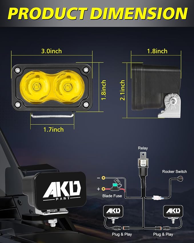 3 Inch Yellow CREE LED Pods with Wiring Harness & Black Covers | High Intensity CREE LEDs, Centrated Spot Beam, Free Wiring kit & Black Covers