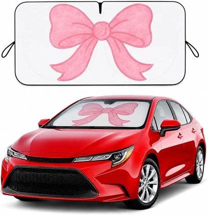 Pink Bow Car Windshield Sun Shade for Women, Cute Foldable Front Window Sunshade for Small Cars, UV Heat Blocking Car Shade, Simple Coquette Girly Car Accessories for Sedan Coupe - 59 x 27.5
