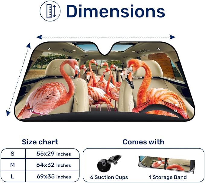 GENANY Cute Flamingo Windshield Sun Shade for Car SUV Truck (64x32 Inches), Sun Shade Windshield, Shades for Front Windows, Protector Blocks UV, Spring Auto Gifts, Spring Car Decor