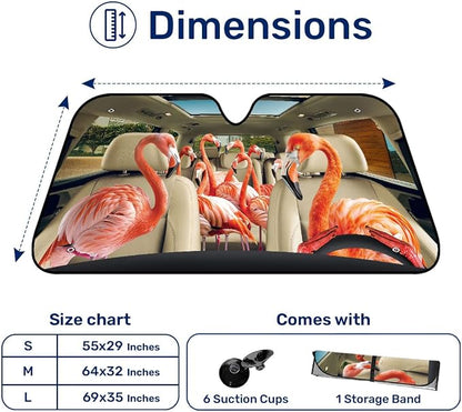 GENANY Cute Flamingo Windshield Sun Shade for Car SUV Truck (64x32 Inches), Sun Shade Windshield, Shades for Front Windows, Protector Blocks UV, Spring Auto Gifts, Spring Car Decor