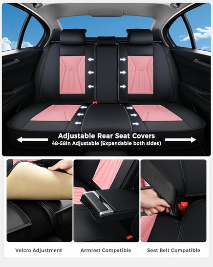 Huidasource Black n Pink Seat Covers, Universal Fit for Most Cars SUV Trucks, Full Coverage Nappa Leather Seat Cover, Airbag, Cupholder Compatible, Velcro Adjustable, Seat Function Retain, Black&Pink