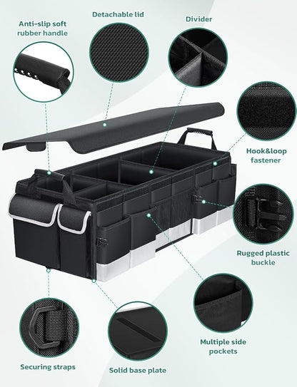 Oasser Trunk Organizer with Cooler Bag 95L, Bearing 110lb No Deformation, Collapsible with Multi Compartments, Removable Insulated Bag, Foldable Lid, Non Slip Bottom, 2 Adjustable Straps (Black&Grey)