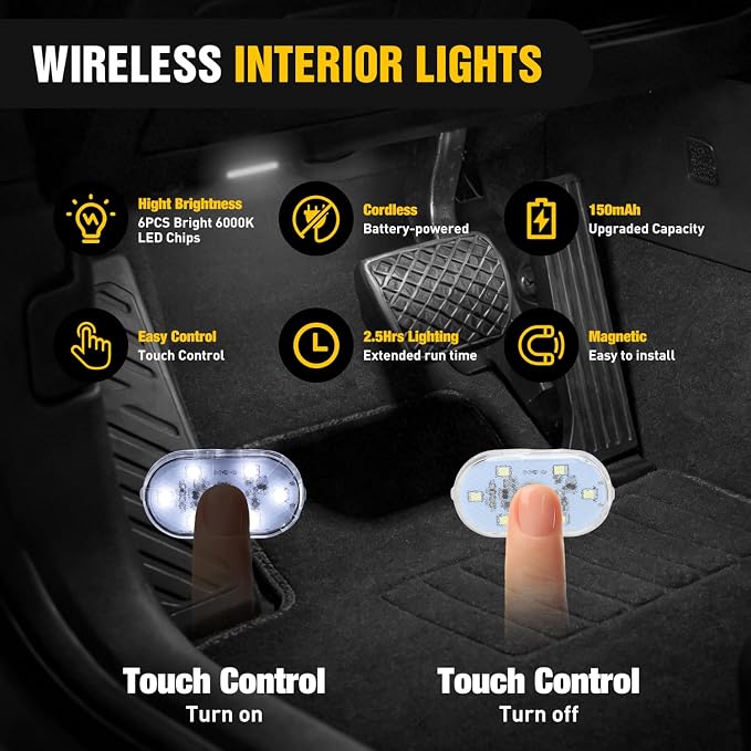 Nilight Wireless Magnetic LED Interior Lights, 2 PCS White USB Rechargeable Universal Mini Sticky Footwell Ambient Atmosphere Reading Lamp with Touch Sensor, Portable Night Lighting for Car Truck