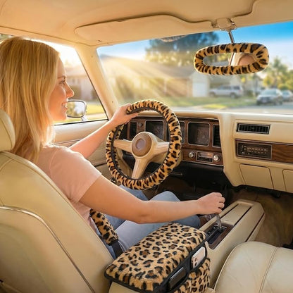 5 Pcs Fuzzy Animal Print Car Accessories Set, Soft Fluffy Plush Steering Wheel Cover, Center Console Armrest Pad & Rearview Mirror Cover - Interior Decorations for Women,Universal Fit (Leopard Print)
