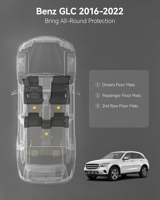 3W Floor Mats for Benz GLC SUV & Coupe 2016-2022, TPE All Weather Custom Fit Floor Liner for Benz GLC300/GLC350e/GLC43 AMG/GLC63 AMG/GLC63 AMG S Accessories Full Set Car Mats Easy Clean