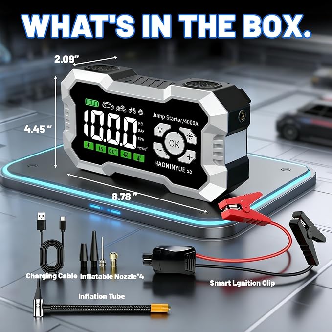 4000A Car Battery Jumper Starter, Battery Jumper Starter Portable (8.0LGas/6L Diesel), 16000mAh Charging Jump Box, Portable Car Jump Starter with Jumper Cables and 600LM LED Light