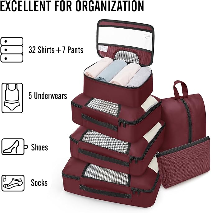 Veken 8 Set Packing Cubes for Travel Essentials,Anti-Wrinkle Buckled Suitcase Organizer for Shoe & Toiletry Bag,Carry On Luggage Bag with 99+ Count Mesh Holes for Airplane & College Dorm Accessories