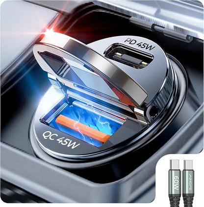 AINOPE 90W for iPhone 17/16/15 Pro Max Car Charger USB C Fast Chage, [Mini&Metal] Invisible Cigarette Lighter Adapter with 3FT USB C to C Cable, Car Accessories for Mother Him Her, Adapter for iPhone