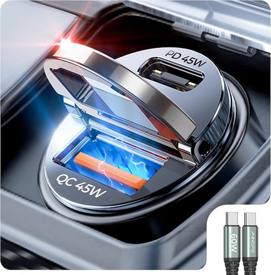 AINOPE 90W for iPhone 17/16/15 Pro Max Car Charger USB C Fast Chage, [Mini&Metal] Invisible Cigarette Lighter Adapter with 3FT USB C to C Cable, Car Accessories for Mother Him Her, Adapter for iPhone