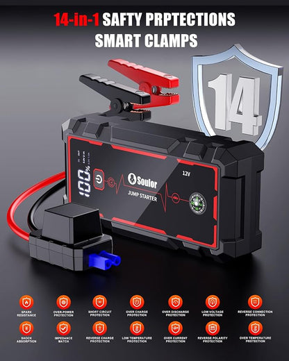 5000A Jump Starter Car Jumper Starter Portable Battery Booster Pack Jump Box with LED Display, LED Light and Jumper Cables(10.0L Gas and 10.0L Diesel)