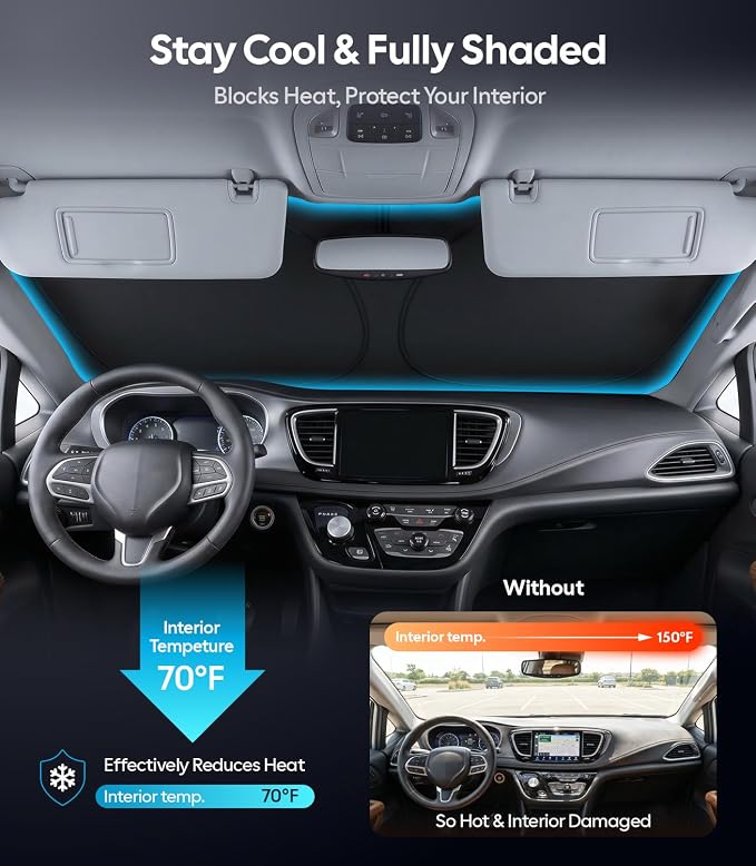 Wigoo for Chrysler Pacifica Windshield Sunshade [OEM Design, 100% Sun Blockage] Foldable Heat Insulation Sun Shade with Storage Bag, for Chrysler Pacifica (2017-2026), Silver Coating