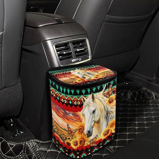 Aztec Tribe Horse Sunflower Print Trash Can for Car Leakproof Garbage with Lid and Zipper Trash Bin Hanging Back of Seat Auto Interior Accessories Universal Fit Most Truck SUV Van