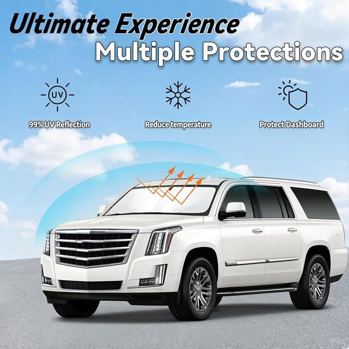 Windshield Sun Shade for Cadillac Escalade 2021-2026, Car Front Window Sunshade with 240T Sun Visor Protector Blocks UV Rays Heat Sun Shield Accessories