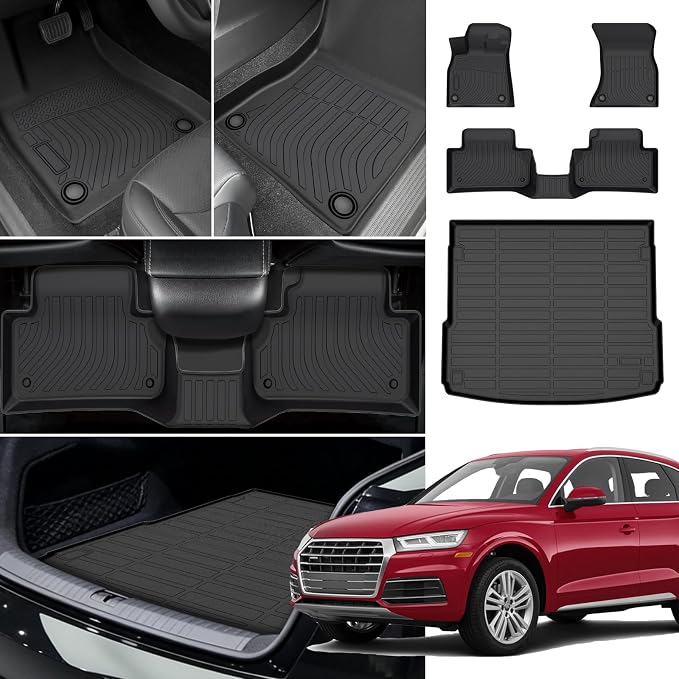 Floor Mats for Audi Q5 & SQ5 2018 2019 2020 2021 2022 2023 2024 2025, TPE 2020 Q5 Floor Mats 1st & 2nd Row & Cargo Liner,Waterproof Summer Winter Non-Slip Floor Liners Car Accessories