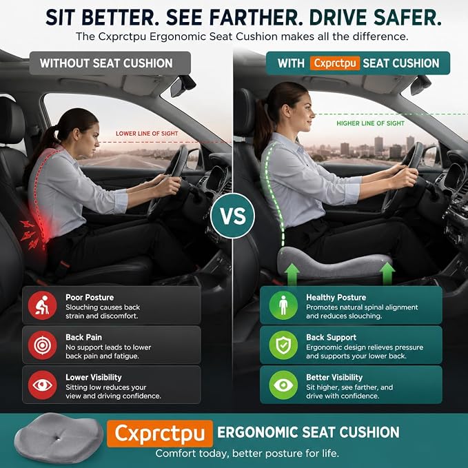Memory Foam Seat Cushion with Pressure Relief for Office Chair, Car, Wheelchair, and Sofa, Doctor Recommended Orthopedic Cushion for Tailbone Pain, Sciatica, Hip Back Support, Non Slip, Grey