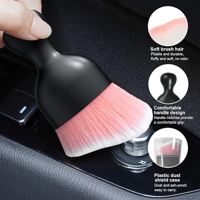 Ziciner 2 PCS Car Detailing Brush, Curved Soft Bristles Auto Removal Dust Collectors, Universal Vehicle Dashboard, Air Conditioner Vents etc Interior Cleaning Tool Accessory (Pink/White)