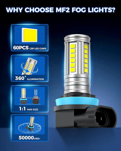 Marsauto H11 H16 H8 Led Fog Light Bulb 12,000LM, 1:1 Size 360° Illumination H16 H8 Fog Lights Led, 600% Bright Strong Penetration, Upgraded LED Chips H11 Fog Light Bulbs for Car, Tail Light Covers