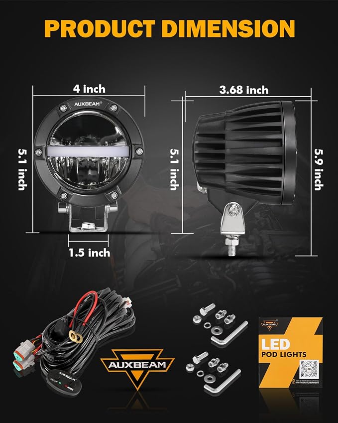 Auxbeam 4 Inch 110W Round Offroad Lights, Amber DRL Design 11000LM LED Light Pods, Super Bright 7035 SMD LED Work Driving Fog Light with DT Wiring Harness Kit for Truck Jeep Pickup SUV ATV UTV, 2 PCS