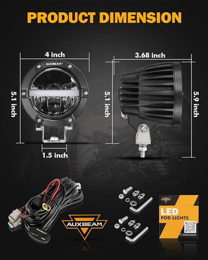 Auxbeam 4 Inch 110W Round Offroad Lights, Amber DRL Design 11000LM LED Light Pods, Super Bright 7035 SMD LED Work Driving Fog Light with DT Wiring Harness Kit for Truck Jeep Pickup SUV ATV UTV, 2 PCS