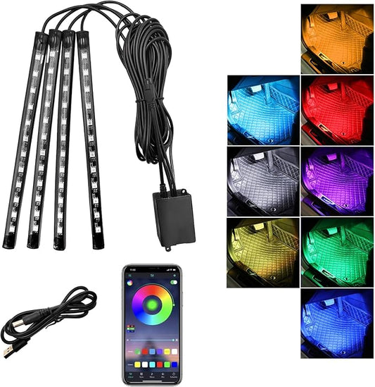 Car Led Interior Lights, RGB 48 LED Multicolor Auto Strip Light with Sound Active Function and APP Control, Under Dash Smart Lighting Kit with Charger, Car Accessories (USB)