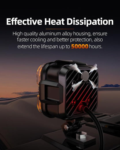 SPL 4" Off Road Lights with Amber Covers, 90W 12000LM Hi/Lo Beam LED Pod Lights with Arrow Shaped Amber DRL, Led Cube Driving Lights with DT Wiring Harness for Trucks Jeep Pickup SUV ATV UTV, 2PCS