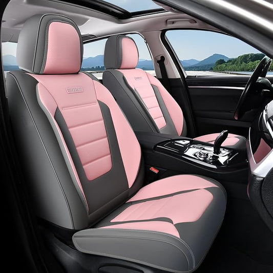 Coverado Car Seat Covers Front, Seat Covers for Cars, Waterproof 2-Pack Car Seat Cushions, Leather Carseat Seat Protectors, Universal Seat Covers Fit for Most Sedans SUV Pick-up Trucks(Gray&Pink)