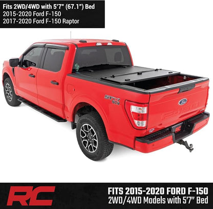 Rough Country Hard Flip-Up Truck Bed Tonneau Cover for Ford F-150 (2015-2020) - Flush Folding Aluminum Bed Cover