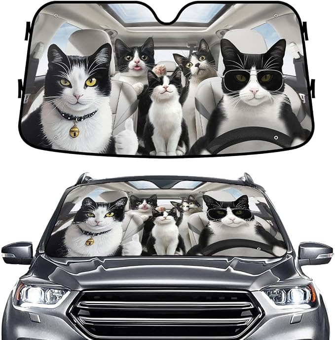 GENANY Family Cat Windshield Cover for Car SUV Truck (55x30 Inches), Foldable Heat Shield, Shades for Front Windows, Protector Blocks UV, Car Decor