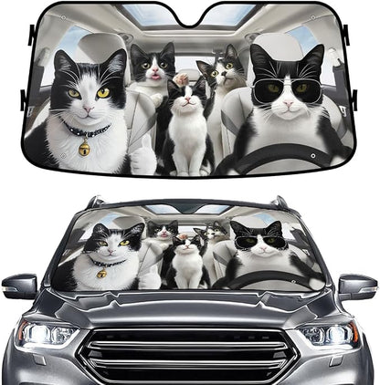 GENANY Family Cat Windshield Cover for Car SUV Truck (55x30 Inches), Foldable Heat Shield, Shades for Front Windows, Protector Blocks UV, Car Decor