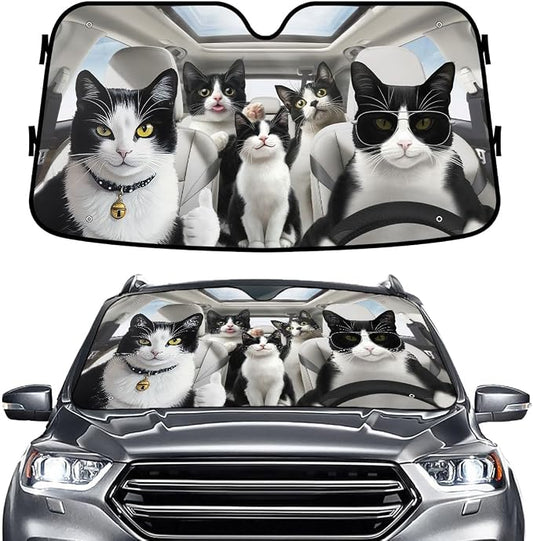 GENANY Family Cat Windshield Cover for Car SUV Truck (55x30 Inches), Foldable Heat Shield, Shades for Front Windows, Protector Blocks UV, Car Decor