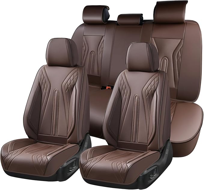Huidasource Coffee Seat Covers Full Set, Universal Fit for Most Cars Trucks SUV, Full Coverage Leather Seat Cover, Airbag, Cupholder Compatible, Velcro Adjustable, Heaating/Cooling Function Retain