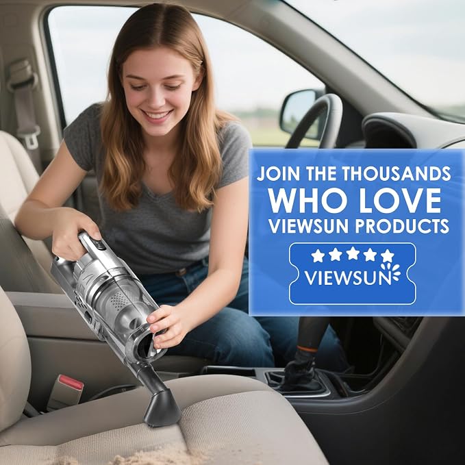 Woman cleaning car interior with a vacuum, Viewsun brand visible
