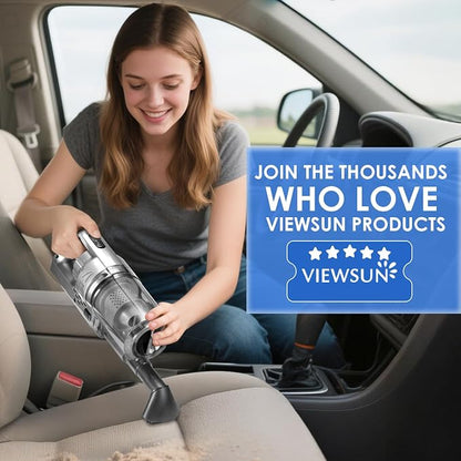 Woman cleaning car interior with a vacuum, Viewsun brand visible