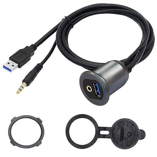 SinLoon USB 3.0 & 3.5mm Car Mount Flush Cable 3.3FT USB 3.0 Flush Mount Cable AUX Extension Dash Panel Waterproof Mount Cable for Car, Boat, Motorcycle