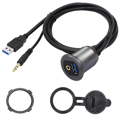 SinLoon USB 3.0 & 3.5mm Car Mount Flush Cable 3.3FT USB 3.0 Flush Mount Cable AUX Extension Dash Panel Waterproof Mount Cable for Car, Boat, Motorcycle