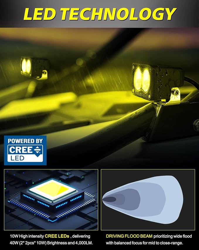 3" 40W Yellow Flood LED Pods with Wiring Harness & Black Covers | High Intensity CREE LEDs Yellow Fog Lights Small Chase Lights 2 Packs for Trucks Motorcycle SUV UTV ATV Dirt Bike