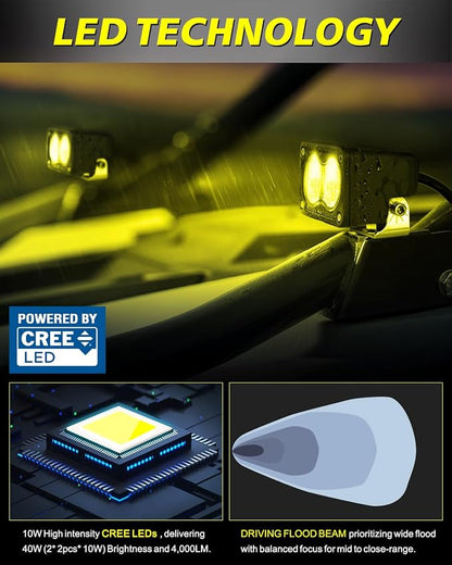 3" 40W Yellow Flood LED Pods with Wiring Harness & Black Covers | High Intensity CREE LEDs Yellow Fog Lights Small Chase Lights 2 Packs for Trucks Motorcycle SUV UTV ATV Dirt Bike