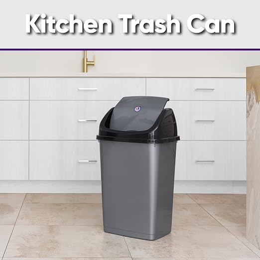 Superio Kitchen Trash Can 13 Gallon with Swing Lid, Plastic Tall Garbage Can Outdoor and Indoor, Large 52 Qt Recycle Bin and Waste Basket for Home, Office, Garage, Patio, Restaraunt (Grey/Black)