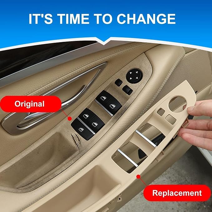 Driver Side Door Handle Cover Compatible with BMW 5 Series 520 523 525 528 530 F10/F11/F18 2010-2016, Window Switch Armrest Panel for Left-Hand Drive Models Beige