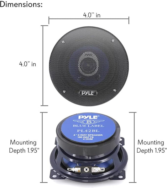 Pyle 4" Car Sound Speaker (Pair) - Upgraded Blue Poly Injection Cone 2-Way 180 Watt Peak w/ Non-fatiguing Butyl Rubber Surround 110 - 20Khz Frequency Response 4 Ohm & 3/4" ASV Voice Coil - PL42BL