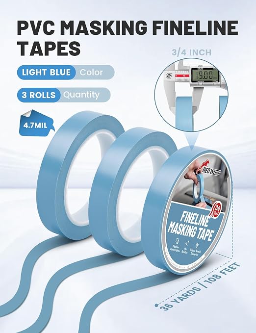 RED WOLF PVC Fine Line Pinstriping Tape 3/4" x 36yd 3 Rolls, Automotive Car Paint Masking Tape for Sharp Graphic Design Curves Conformable Stretch Fineline Pinstripe Tape for Motorcycle DIY Paint Art
