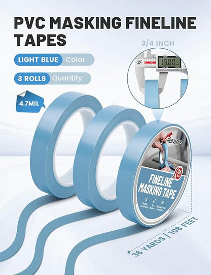 RED WOLF PVC Fine Line Pinstriping Tape 3/4" x 36yd 3 Rolls, Automotive Car Paint Masking Tape for Sharp Graphic Design Curves Conformable Stretch Fineline Pinstripe Tape for Motorcycle DIY Paint Art