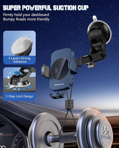 BothLin 3-in-1 Wireless Car Charger Mount, 15W Fast Charging Auto-Clamping Phone Holder for iPhone 17 16 15 14, Samsung Galaxy S24 S23, Dashboard, Vent & Windshield Car Mount(Deep Blue)