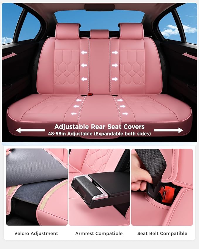 Huidasource Leather Car Seat Covers Full Set, Full Coverage Universal Fit for Most Cars SUVs Trucks, Easy Install with Velcro, Airbag Compatible, Retains Seat Functions & Cupholders, Pink