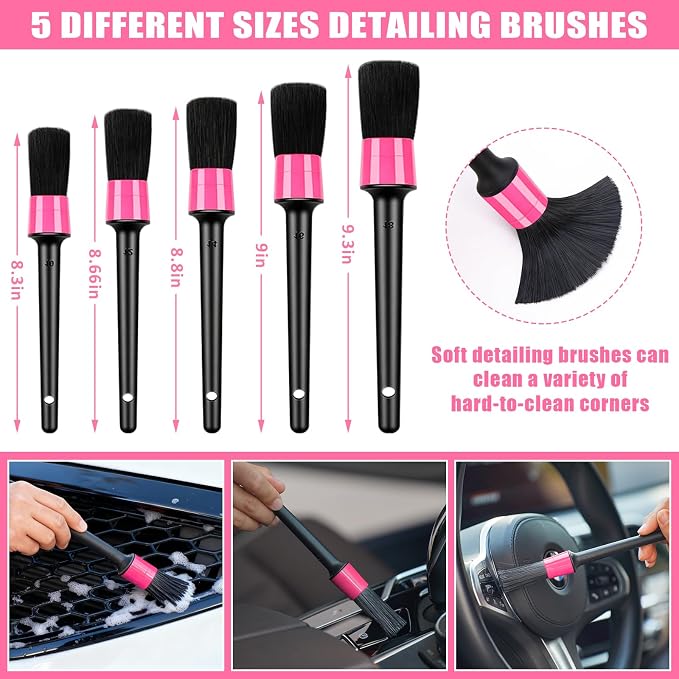 Car Cleaning Kit, Car Vacuum Interior Detailing Cleaner Kit with High Power Handheld Vacuum, Brush Set, Windshield Tool, Duster, Towels, Complete Car Care Tools for Women (Pink)