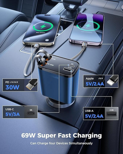 [Upgraded] 4 in 1 Retractable Car Charger, SUPERONE Smaller Fast Car Phone Charger 69W with Cord, USB C and iPhone Car Charger Adapter, Compatible iPhone 17/17 Pro Max/16/15/14/13, Sumsung
