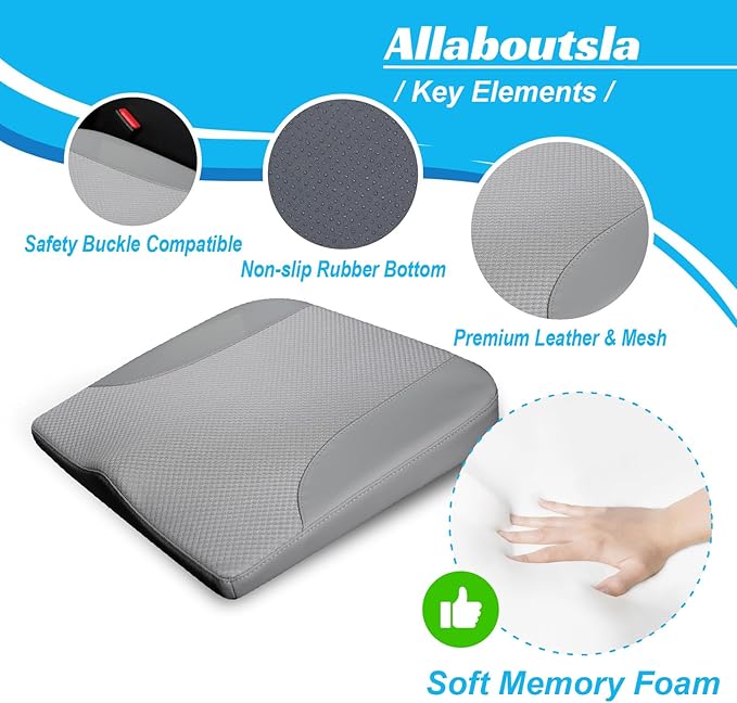 Allaboutsla Car Seat Cushion, Car Seat Cushions for Driving with Comfort Memory Foam - Sciatica & Back Pain Relief, Suitable for Car, Truck, Office Chair (Gray)