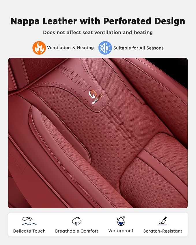 Huidasource Red Front Seat Cover Luxury Nappa Leather, Front Car Seat Cover with Airbag, Front Storage Pocket, Lumbar Support, Cooling＆Heating, Seat Covers Universal Fit for Most Cars SUV Trucks, Red